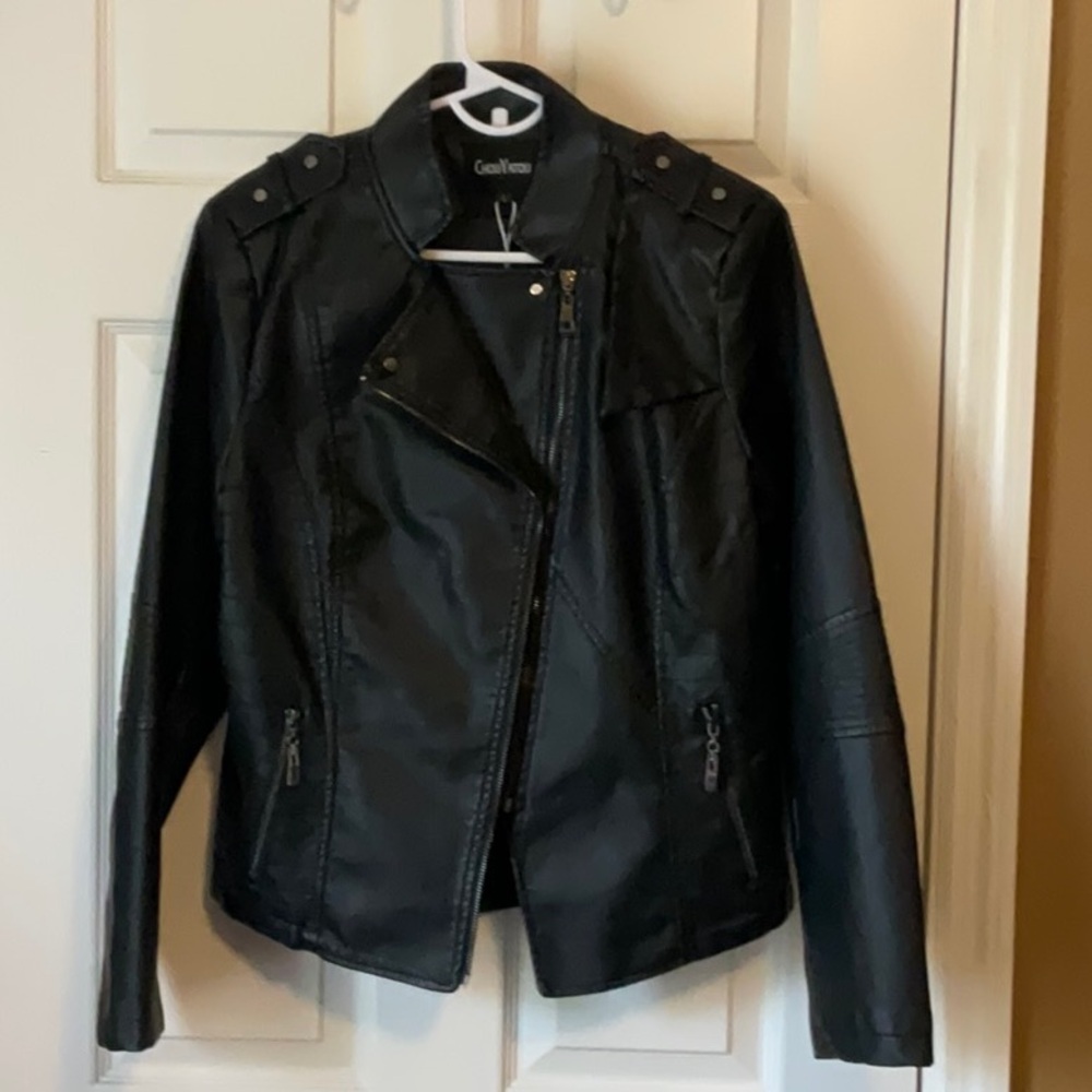 Chouyatou Faux Leather Biker Grunge Moto Casual Women’s Black Jacket Size Large